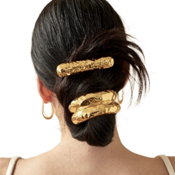 $20 (2 for $30) GOLD Hammered Metal Cuff Ponytail Holder Double Crescent Elastic - Picture 3 of 7